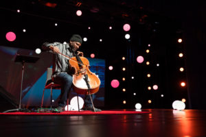 Visual artist, musician, collector and thinker Paul Rucker shows off one of his talents as he opens TED Fellows Session 2 at TED2018: The Age of Amazement, April 10, 2018, in Vancouver. Photo: Ryan Lash/TED